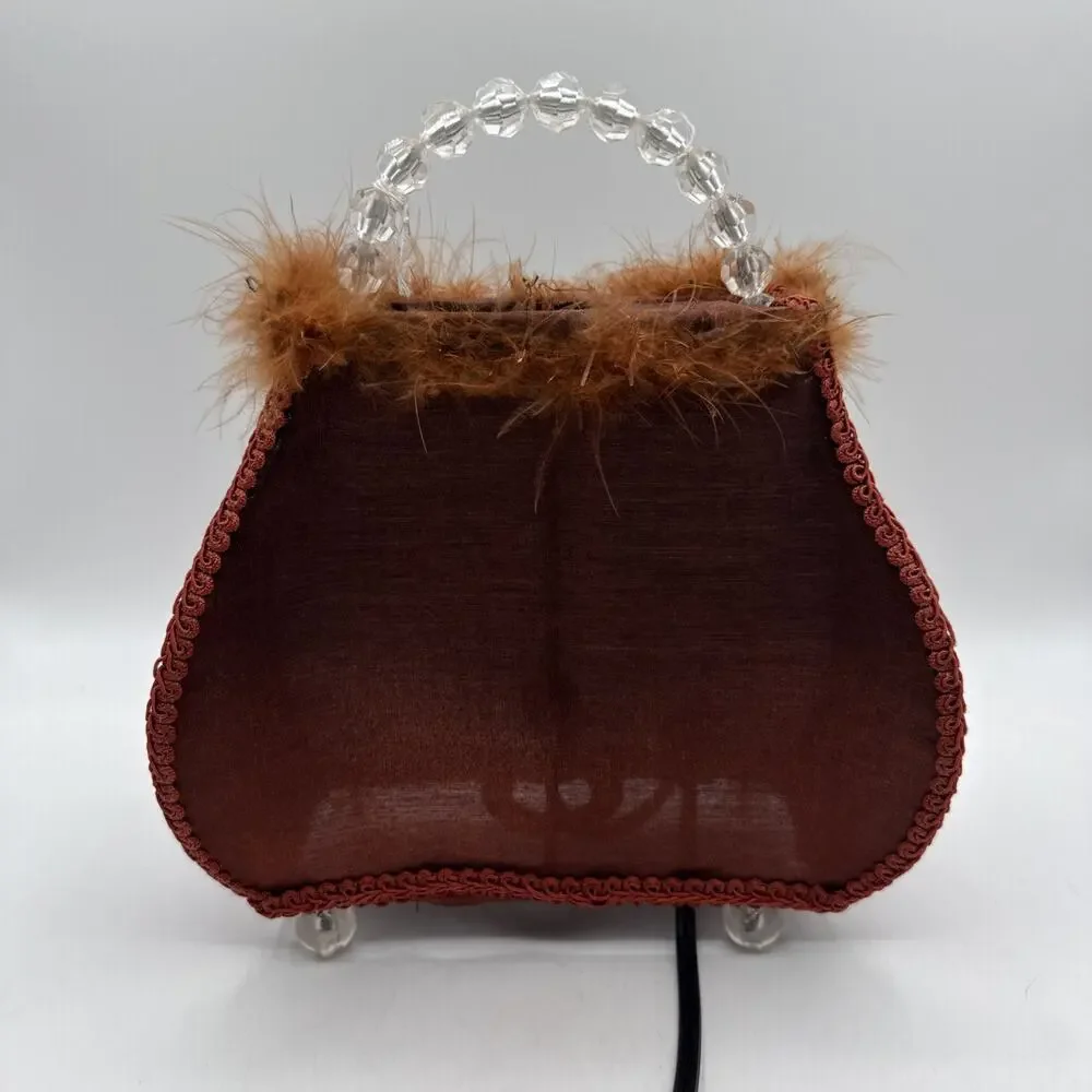 Purse Accent Lamp Shabby Chic Brown Fabric Beaded Handle Feather Boho 10.5 Tall